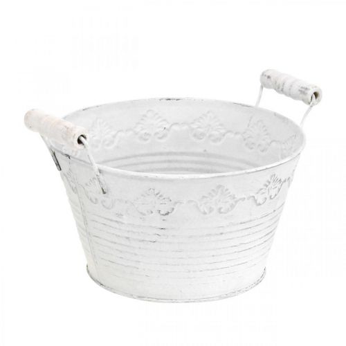 Floristik24 Jardinière en relief, bol décoratif avec poignées en bois, pot en métal blanc, argent Ø18.5cm H12cm L22cm