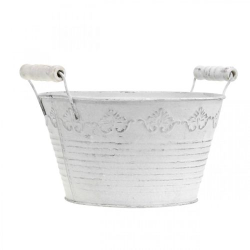 Floristik24 Jardinière en relief, bol décoratif avec poignées en bois, pot en métal blanc, argent Ø18.5cm H12cm L22cm