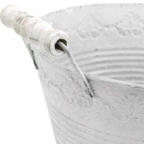 Floristik24 Jardinière en relief, bol décoratif avec poignées en bois, pot en métal blanc, argent Ø18.5cm H12cm L22cm