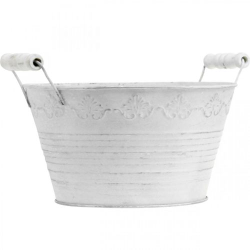 Floristik24 Vase en métal, bol décoratif avec motif, cache-pot avec poignées en bois blanc, argent Ø21,5cm H14,5cm L24,5cm