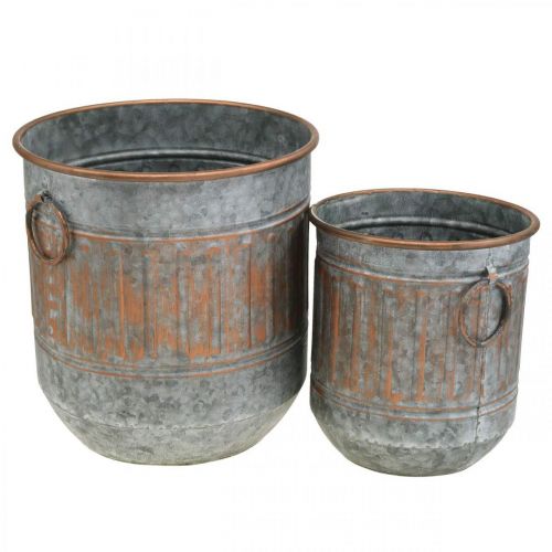 Bol décoratif avec anses, cache-pot, vase en métal argenté, aspect antique cuivré H31 / 24,5cm Ø29,5 / 22cm lot de 2