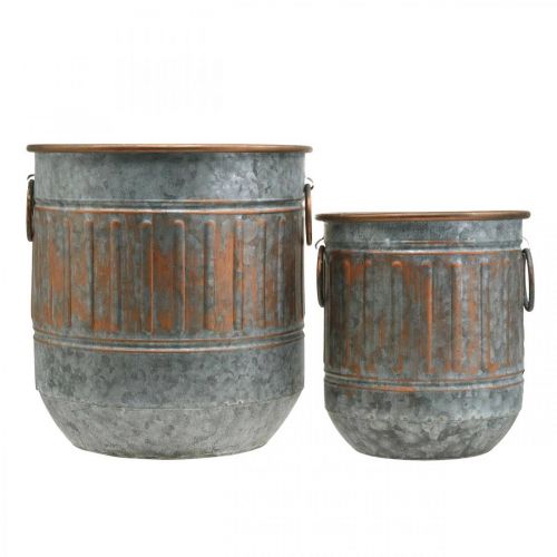Floristik24 Bol décoratif avec anses, cache-pot, vase en métal argenté, aspect antique cuivré H31 / 24,5cm Ø29,5 / 22cm lot de 2