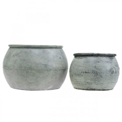 Article Pot rond en métal, vase décoratif, bol à plantes argent, blanc lavé, aspect antique Ø25,5 / 18cm H17 / 13cm, lot de 2