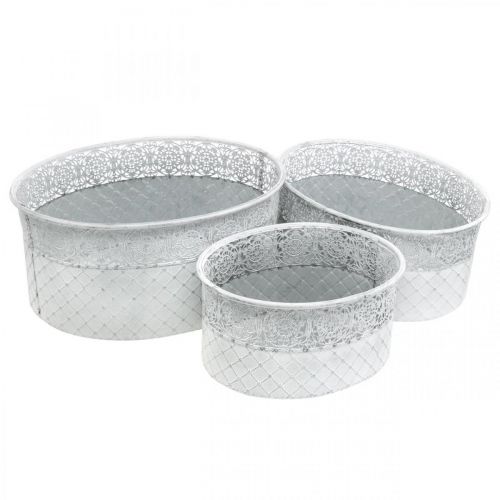 Floristik24 Bol à planter, récipient en métal avec motif ajouré, pot décoratif ovale blanc, argenté shabby chic L41,5/35/29,5 cm H19/16/14,5 cm lot de 3