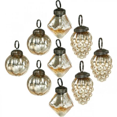 Floristik24 Mini boules d&#39;arbre, diamant / boule / cône, suspensions d&#39;arbres mélange aspect antique Ø3–3,5cm H4,5–5,5cm 9pcs