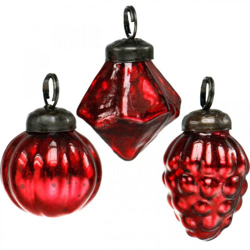 Floristik24 Mini mélange de décoration d&#39;arbre, diamant / boule / cône, boules de verre aspect antique Ø3–3,5cm H4,5–5,5cm 9pcs