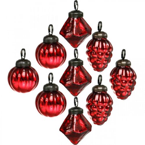 Mini mélange de décoration d&#39;arbre, diamant / boule / cône, boules de verre aspect antique Ø3–3,5cm H4,5–5,5cm 9pcs
