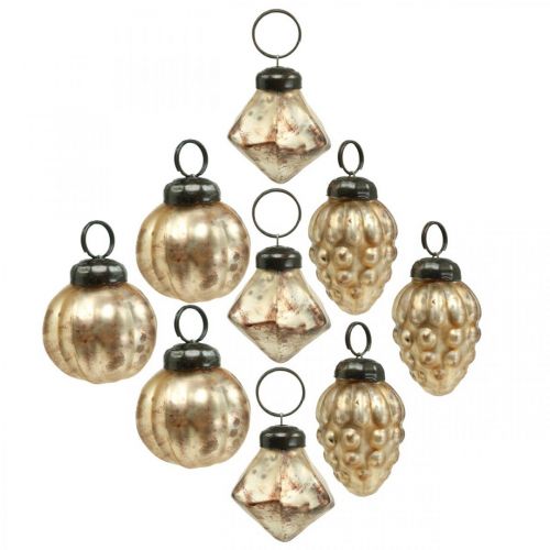 Floristik24 Mini mélange de boules de verre, diamant / boule / cône, décorations d'arbres, aspect antique Ø3–3,5cm H4,5–5,5cm 9pcs