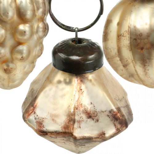 Article Mini mélange de boules de verre, diamant / boule / cône, décorations d&#39;arbres, aspect antique Ø3–3,5cm H4,5–5,5cm 9pcs