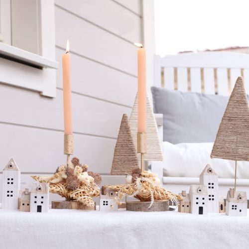 Article Mini Village de Noël Décoration en Bois Blanc Naturel H13/7cm 6 pcs