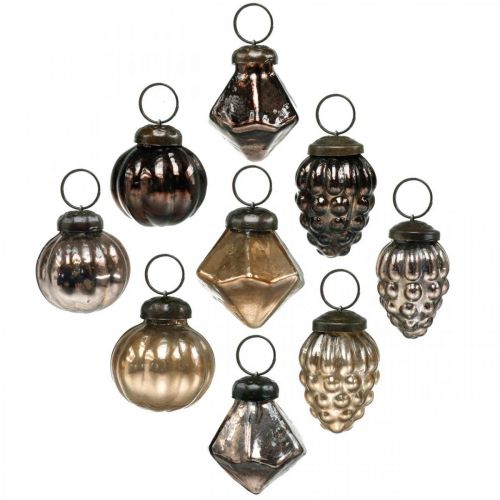 Floristik24 Mini boules de Noël, diamant / boule / cône, mélange de pendentifs en verre, aspect antique Ø3–3,5cm H4,5–5,5cm 9pcs