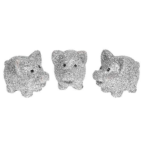 Floristik24 Mini cochons porte-bonheur avec mica argent 3cm 24pcs