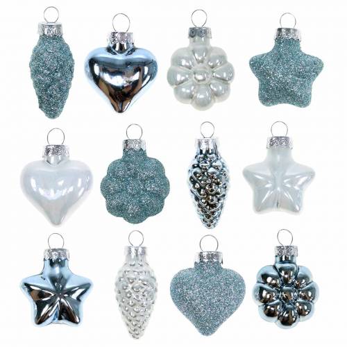 Mini décorations pour sapin de Noël mix assortis verre blanc, bleu 12pcs