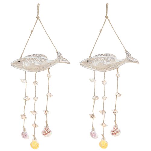 Article Mobile Maritime Poissons Coquillages Bois Naturel Blanc L20cm 2pcs
