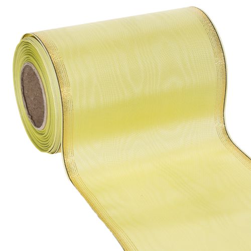 Floristik24 Ruban moiré pour couronne, 150 mm, 25 m, vert clair bordé d'or, pour l'art floral et la décoration.