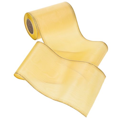 Article Ruban moiré pour couronne, jaune à bordure dorée, ruban décoratif à motifs floraux, acétate/polyester, 150 mm x 25 m