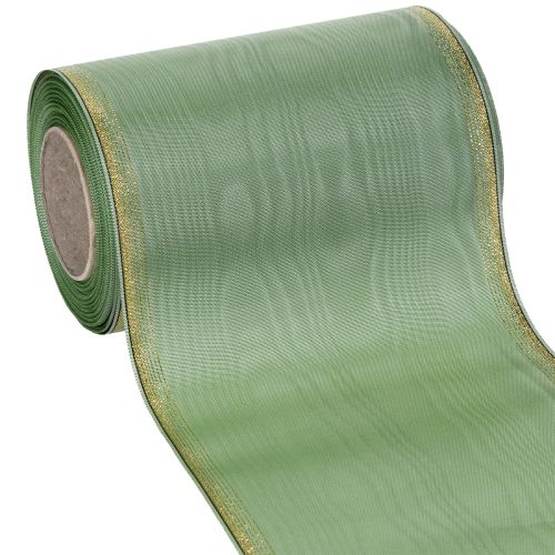 Ruban moiré vert sauge à bordure dorée, 150 mm x 25 m, ruban décoratif pour la confection de couronnes et d'œuvres florales