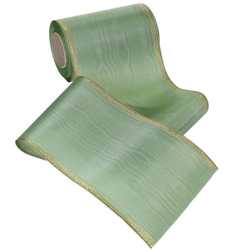 Article Ruban moiré vert sauge à bordure dorée, 150 mm x 25 m, ruban décoratif pour la confection de couronnes et d'œuvres florales