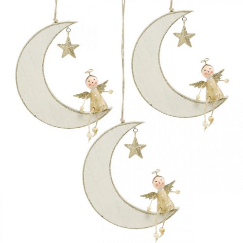 Décoration de l&#39;Avent, ange sur la lune, décoration en bois à suspendre blanc, doré H14.5cm L21.5cm 3pcs