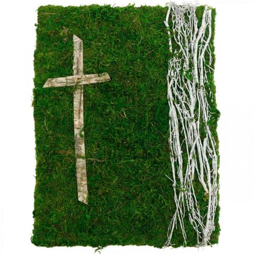 Moss picture vignes et croix pour arrangement funéraire vert, blanc 40 × 30cm