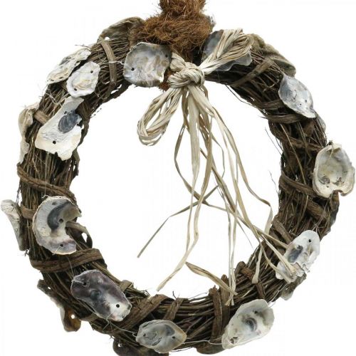 Article Couronne de coquillages, couronne déco bois de vigne, coquillages naturels Ø30cm