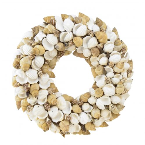 Article Couronne de coquillages décoration maritime à suspendre noix de coco blanc naturel Ø25cm