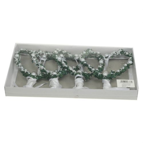Floristik24 Coeur de myrte avec bandelette, perles et tube, blanc 4 p.