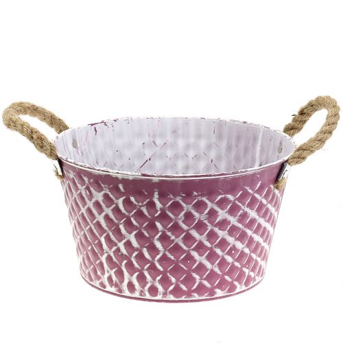 Floristik24 Bol en zinc diamant avec anses corde violet blanc lavé Ø24.5cm H14cm