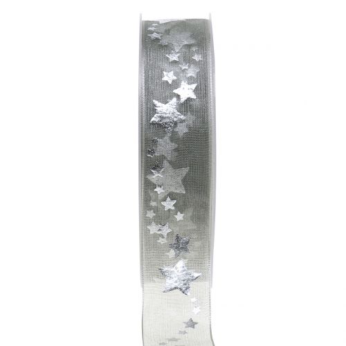 Floristik24 Ruban déco organza motif étoile gris 25mm 20m