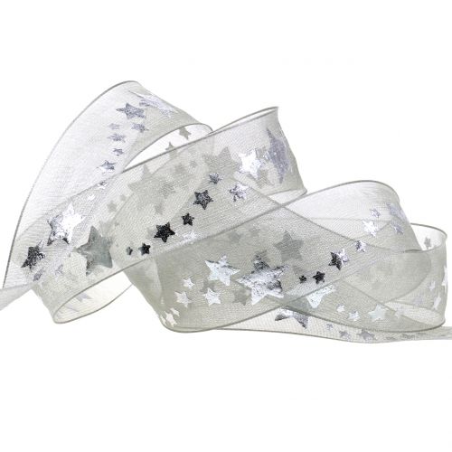 Floristik24 Ruban déco organza motif étoile gris 25mm 20m