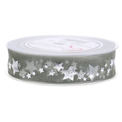Floristik24 Ruban déco organza motif étoile gris 25mm 20m