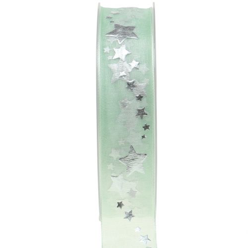 Ruban décoratif en organza avec motif étoile vert clair 25mm 20m
