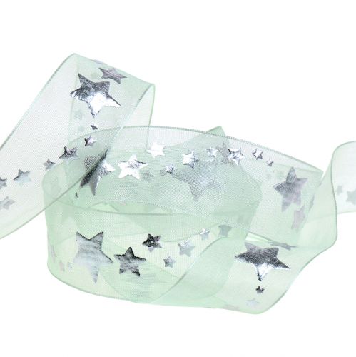Floristik24 Ruban décoratif en organza avec motif étoile vert clair 25mm 20m