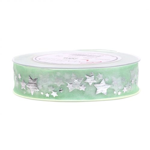 Floristik24 Ruban décoratif en organza avec motif étoile vert clair 25mm 20m
