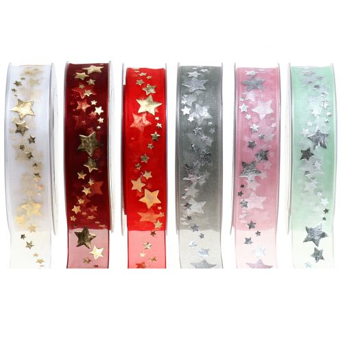 Ruban décoratif en organza avec motif étoile 25 mm 20 m