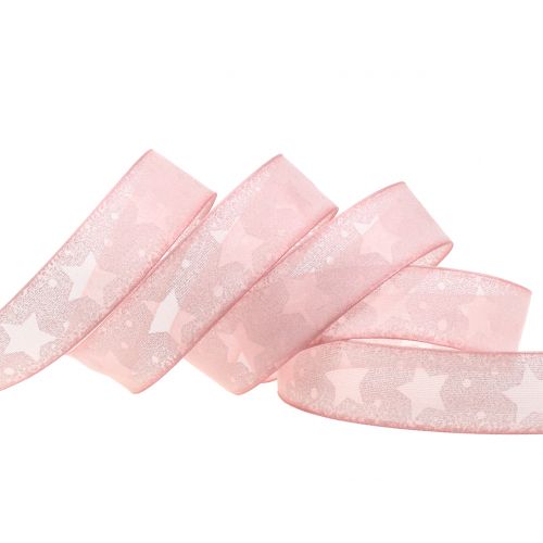 Floristik24 Ruban d'organza avec motif étoile rose 25mm 15m