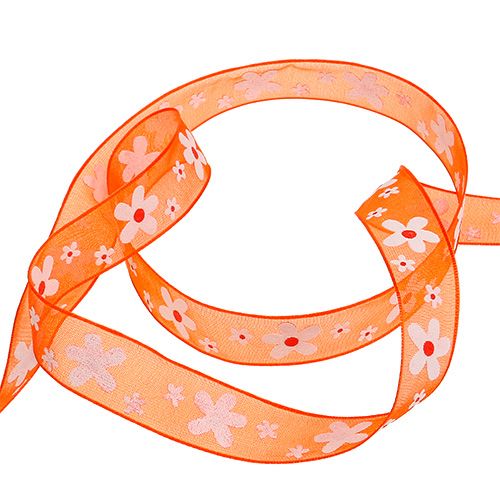 Article Ruban organza orange à motif fleuri 15mm 20m