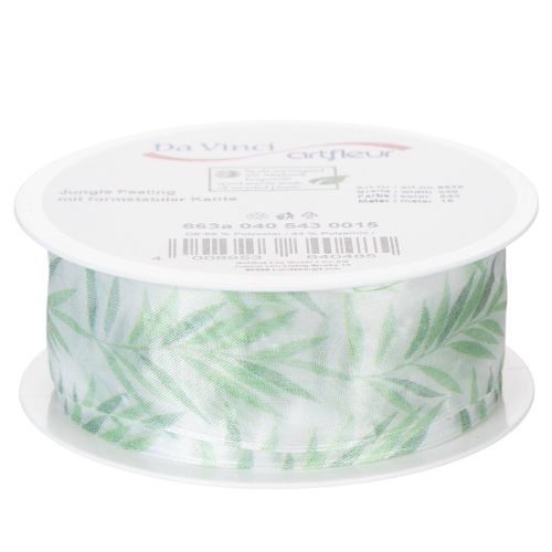 Article Ruban d'organza, ruban de mousseline, ruban à motifs végétaux verts, 40 mm x 15 m
