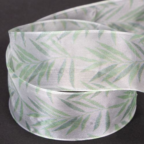 Article Ruban d'organza, ruban de mousseline, ruban à motifs végétaux verts, 40 mm x 15 m