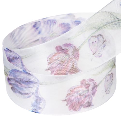 Article Ruban d'organza, ruban de mousseline, tulipes perroquet, violet, 40 mm, 18 m