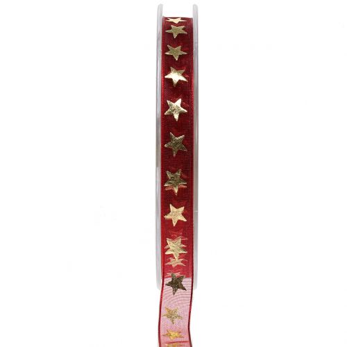 Ruban organza rouge foncé avec étoiles dorées 10mm 20m