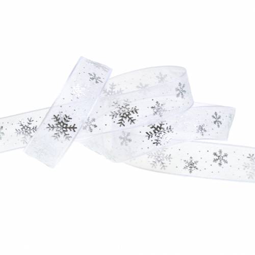 Floristik24 Ruban d&#39;organza avec flocon de neige blanc 15mm 20m