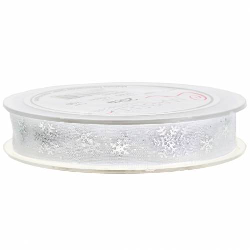 Floristik24 Ruban d&#39;organza avec flocon de neige blanc 15mm 20m