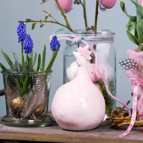Floristik24 Décoration de Pâques poulet rose à pois H17cm 2pcs