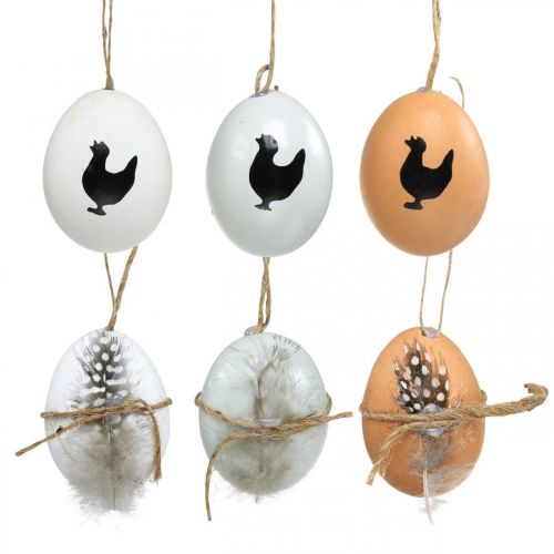 Décoration de Pâques, œufs de poule à suspendre, œufs décoratifs plumes et poule, marron, bleu, blanc, lot de 6