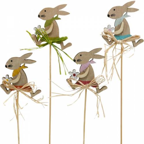 Floristik24 Lapin de Pâques avec fleur, décoration de lapin pour Pâques, lapin sur un bâton, printemps, bouchon de fleur de décoration en bois 12pcs