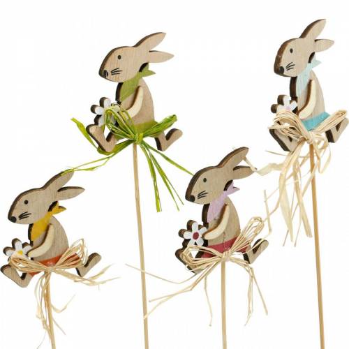 Article Lapin de Pâques avec fleur, décoration de lapin pour Pâques, lapin sur un bâton, printemps, bouchon de fleur de décoration en bois 12pcs