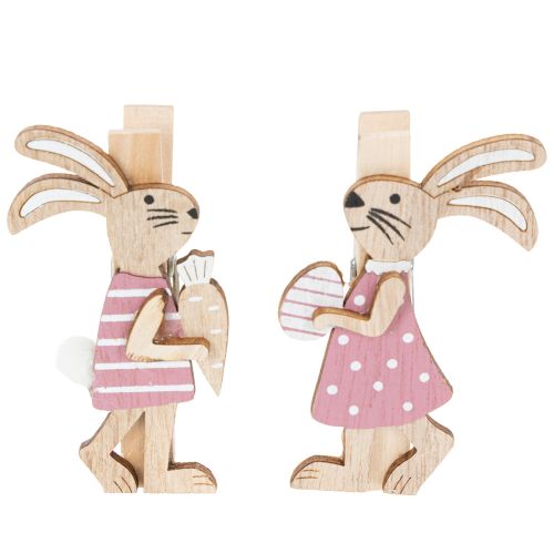 Floristik24 Pinces décoratives lapin de Pâques, décorations de Pâques en bois rose et blanc, 7,5 cm, lot de 4