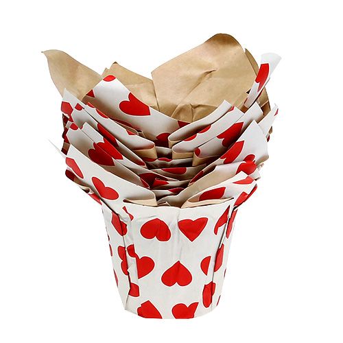 Floristik24 Cache-pot en papier avec coeurs blanc-rouge Ø 8 cm H. 6,5 cm 8 p.