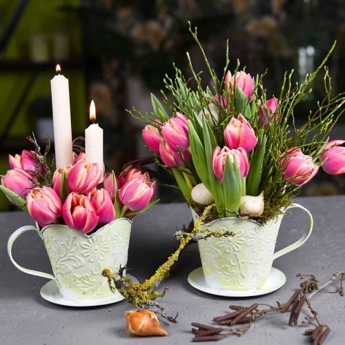 Article Jardinière, porte filtre à café décoratif, coupelle en métal à planter, décoration florale vert, blanc shabby chic H11cm Ø11cm